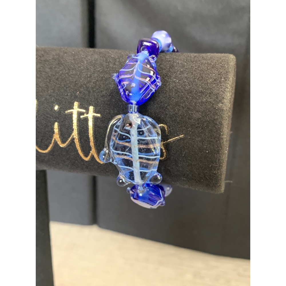 Blue Glass Sea Turtle Stretch Bead Bracelet Coastal Nautical Artisan 7 Inch